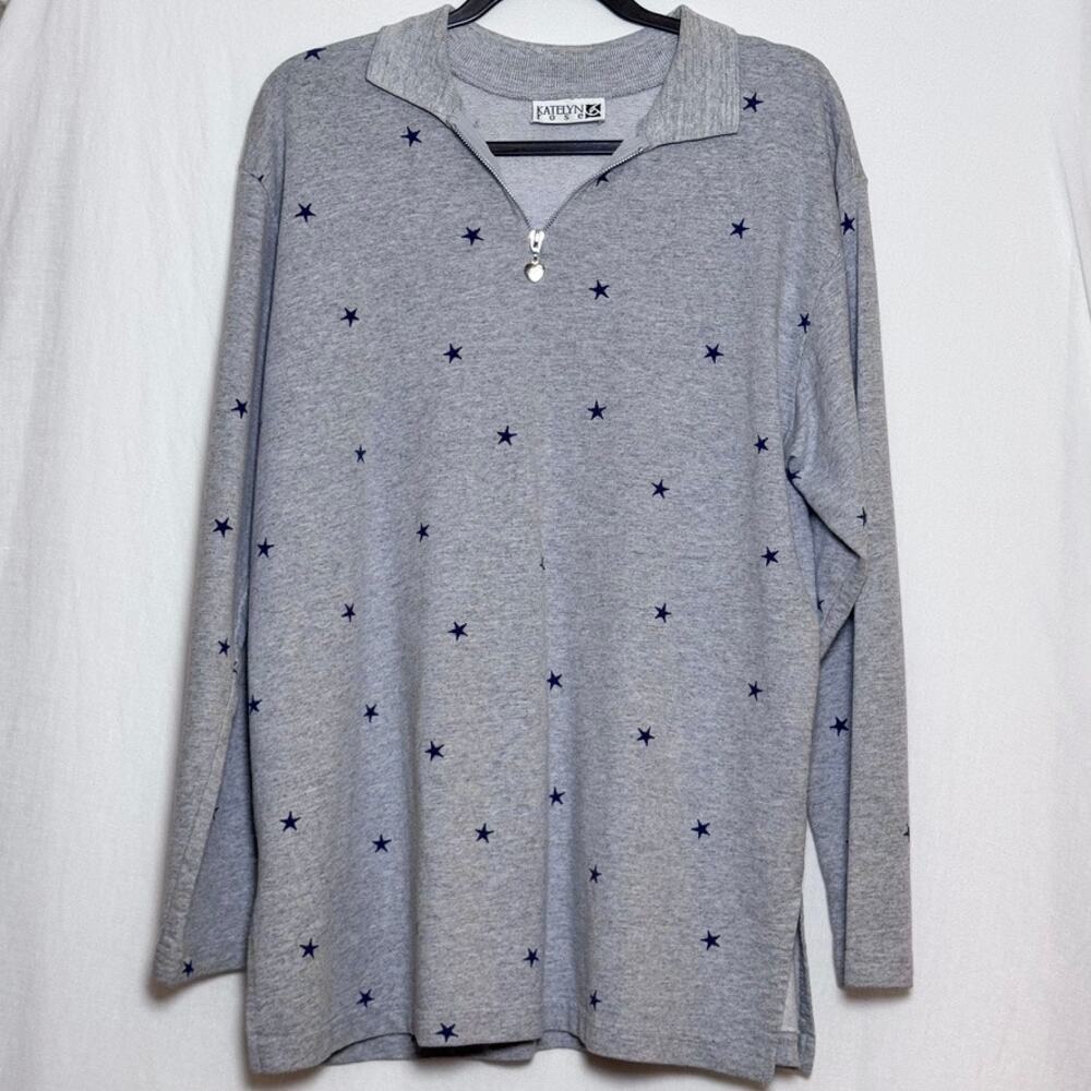 Vintage 90s Quarter Zip Gray Navy Star Large Grandmacore Teachercore Grannycore